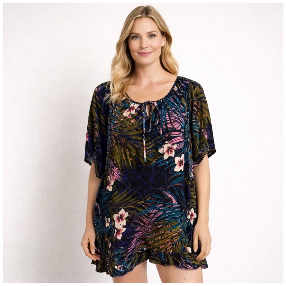 Loralette Tropical Floral Tunic Dress Womens Plus 4X Blue Green Pink Viscose